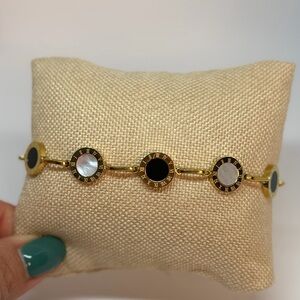 Gold Plated Roman Numeral Bracelet | Black & White Enamel Stainless Steel